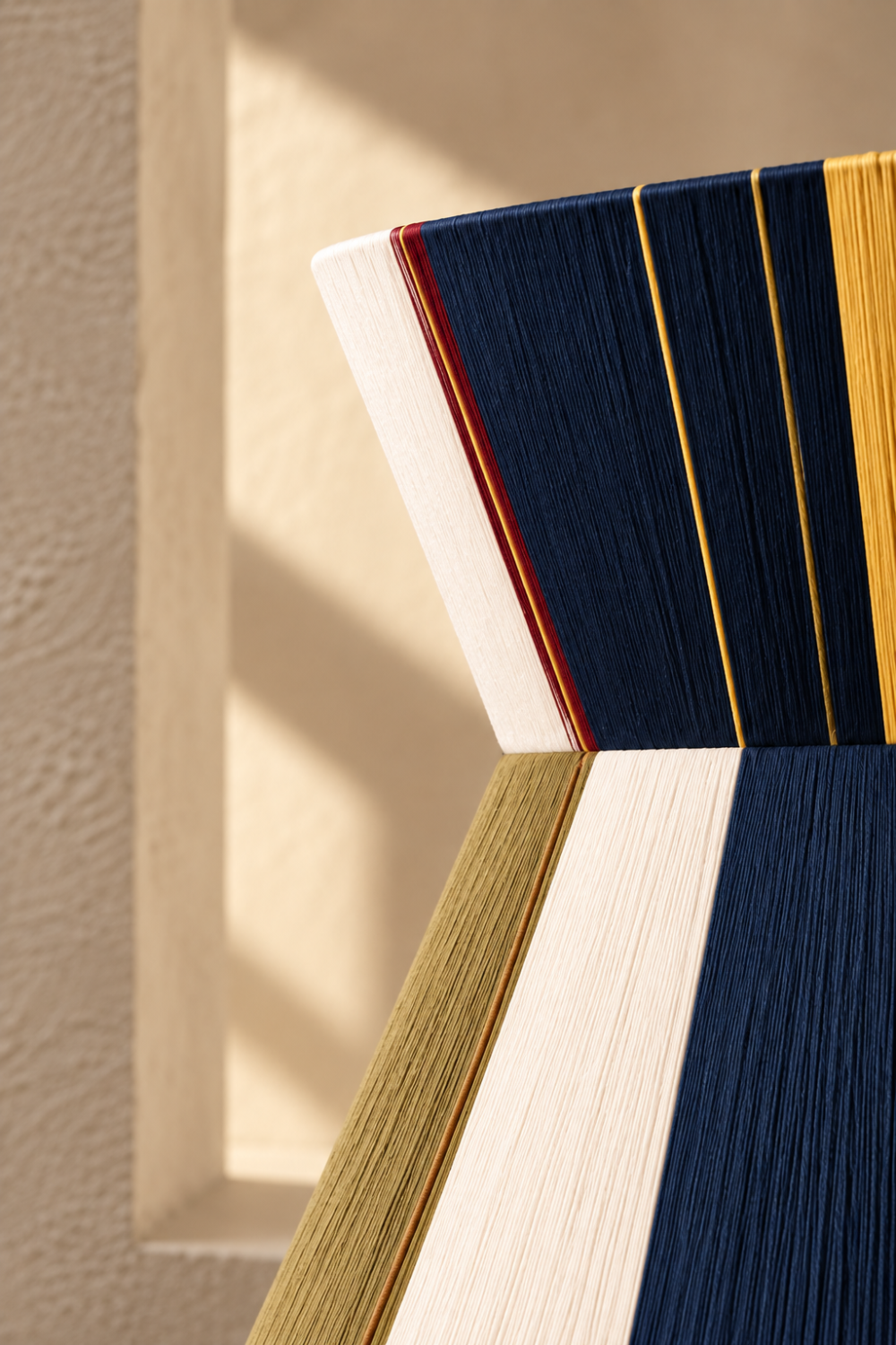 Close-up of the RHODOS pendant lamp showing the hand-threaded cotton yarn and colour details