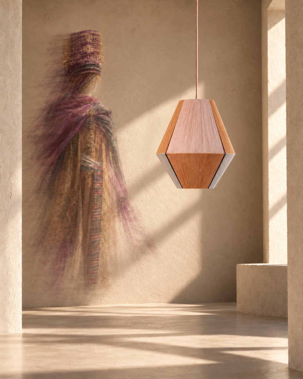 SYMI pendant lamp in a warm architectural interior with a faded figure inspired by traditional Symi dress