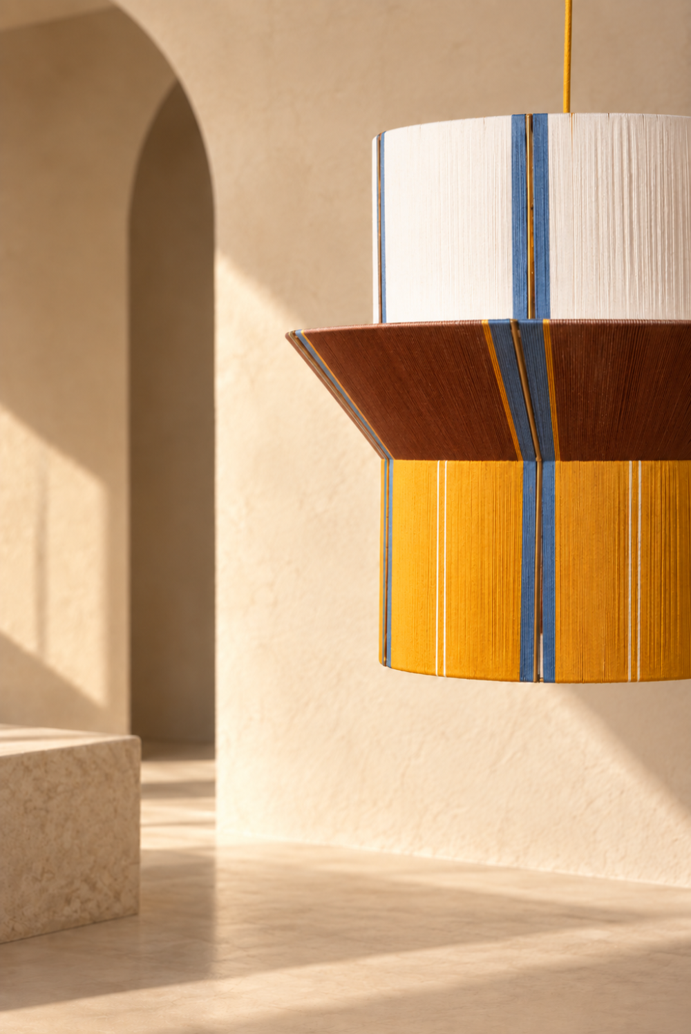 Close-up of the NISYROS pendant lamp by HOMMETRY in a warm architectural interior