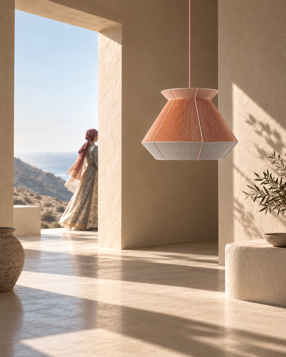 SIFNOS pendant lamp in a sunlit architectural interior with a subtle reference to traditional Sifnos dress