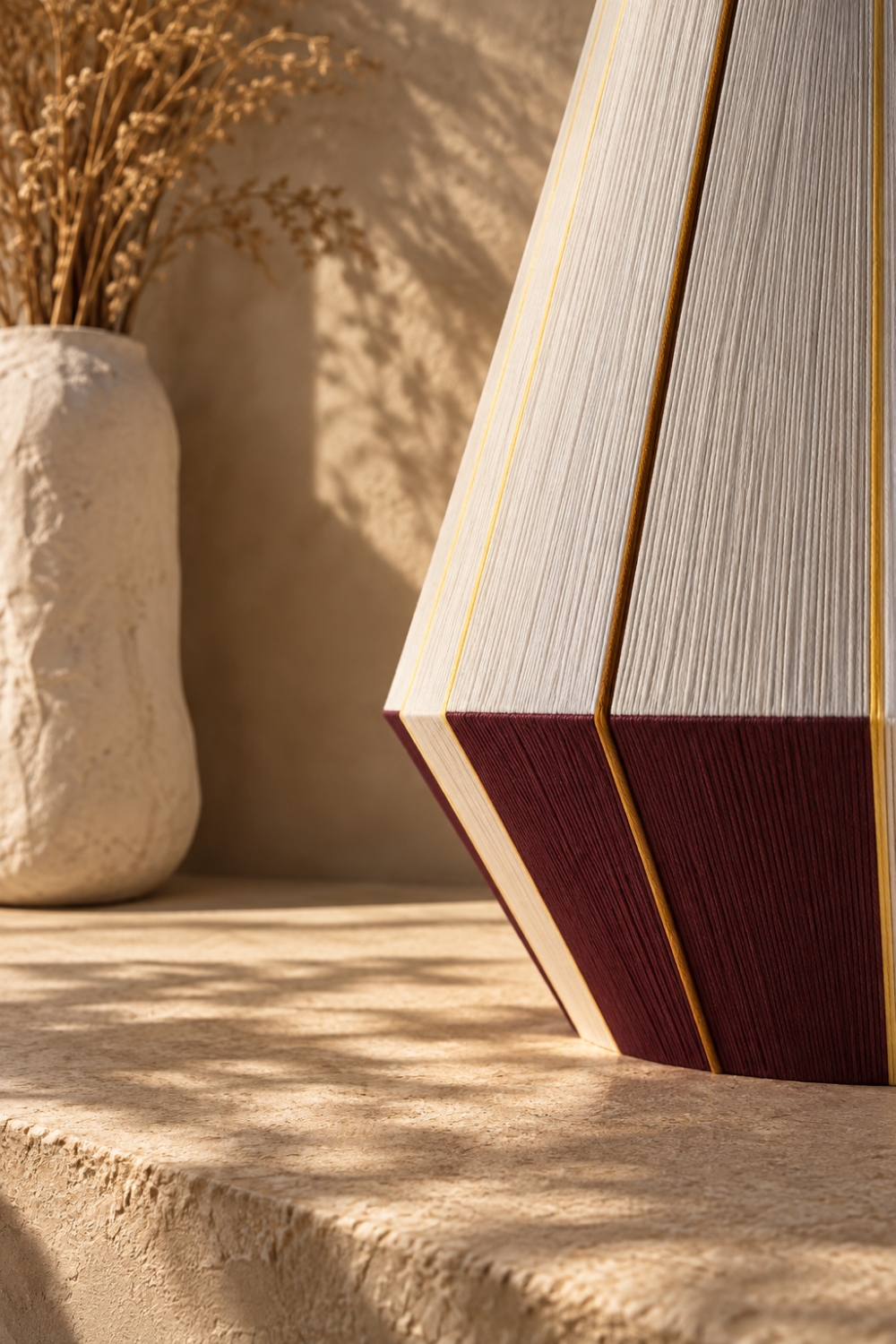 Detail of the KASOS pendant lamp showing woven cotton yarn, burgundy panels and fine golden lines