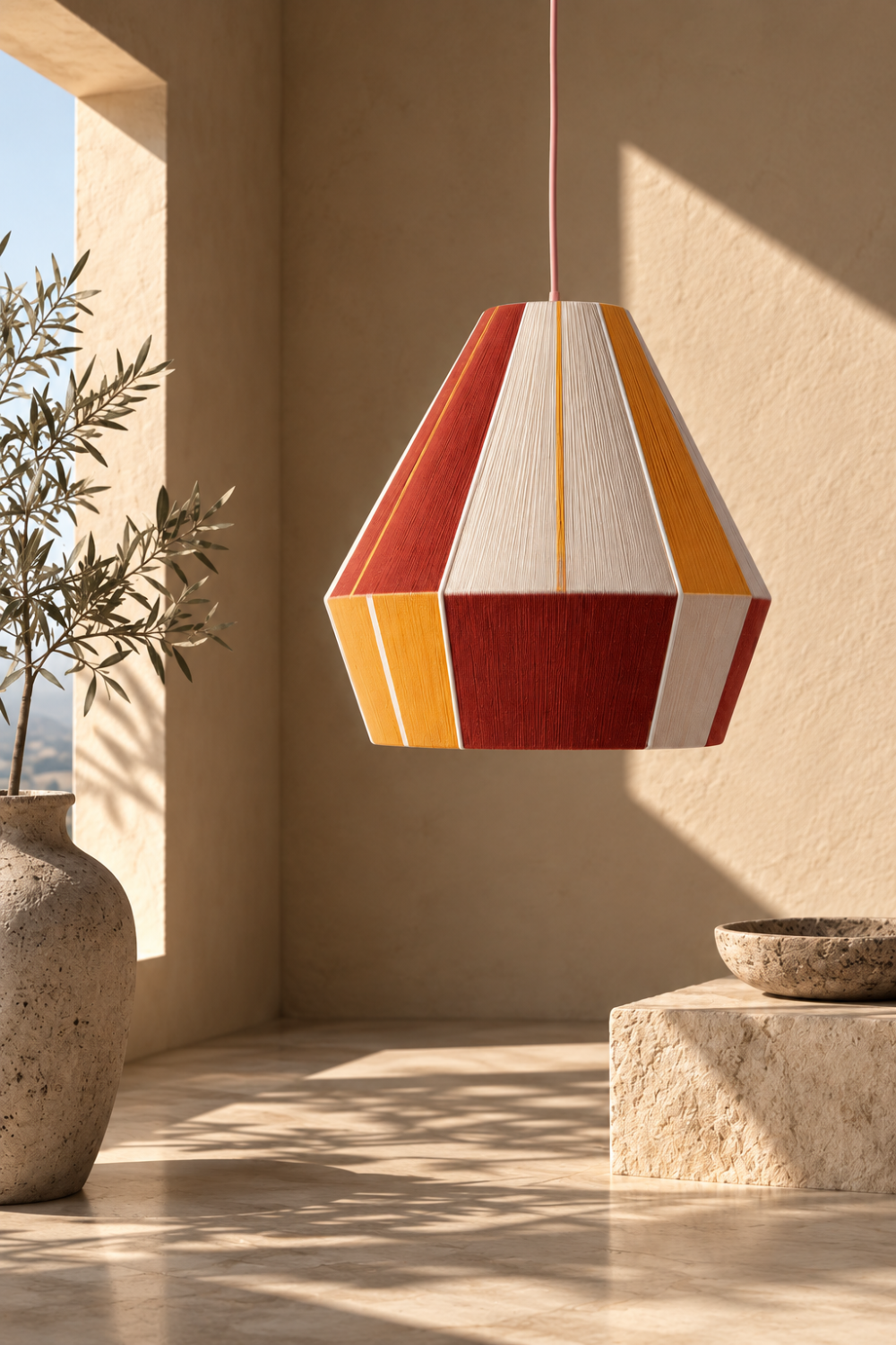 KALYMNOS pendant lamp in a warm architectural interior, showing its woven terracotta, gold and cream form