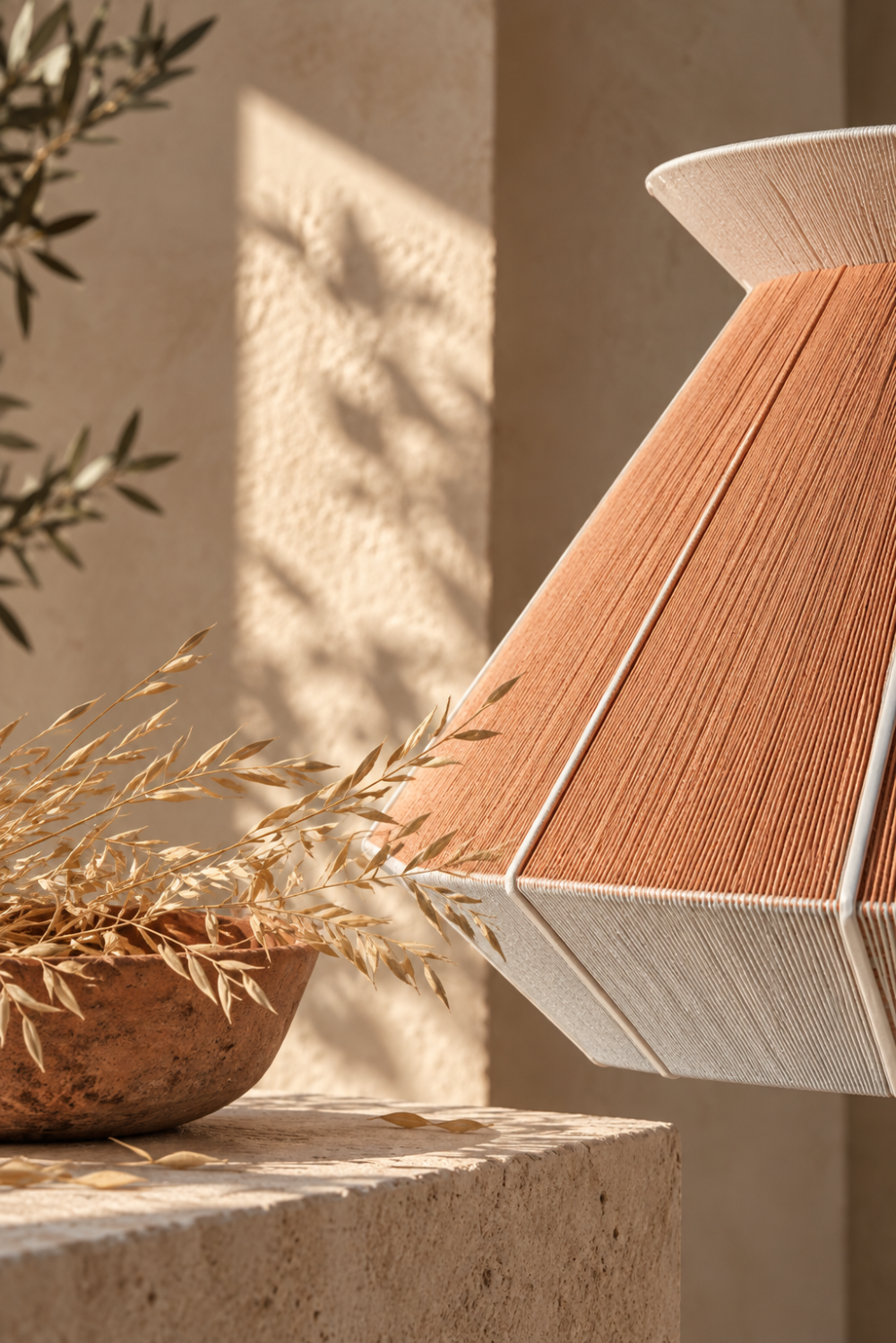 Close-up of the SIFNOS pendant lamp showing its hand-threaded terracotta and off-white surface