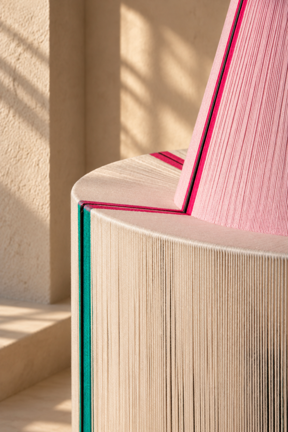 Detail of the KARPATHOS pendant lamp showing hand-wrapped cotton yarn and contrasting pink, teal and cream lines