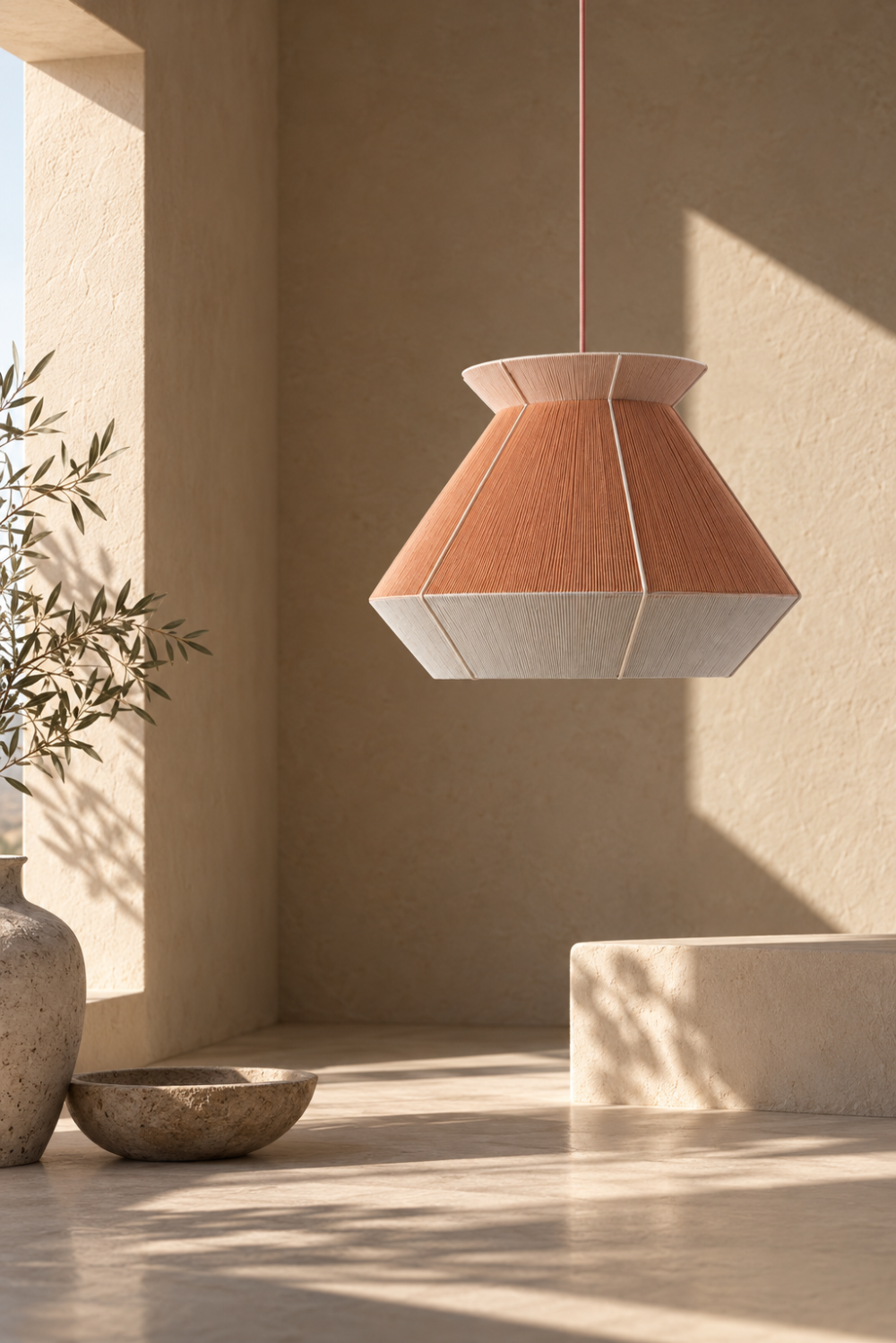 SIFNOS pendant lamp in a warm sunlit architectural interior, showing its sculptural form and hand-threaded surface