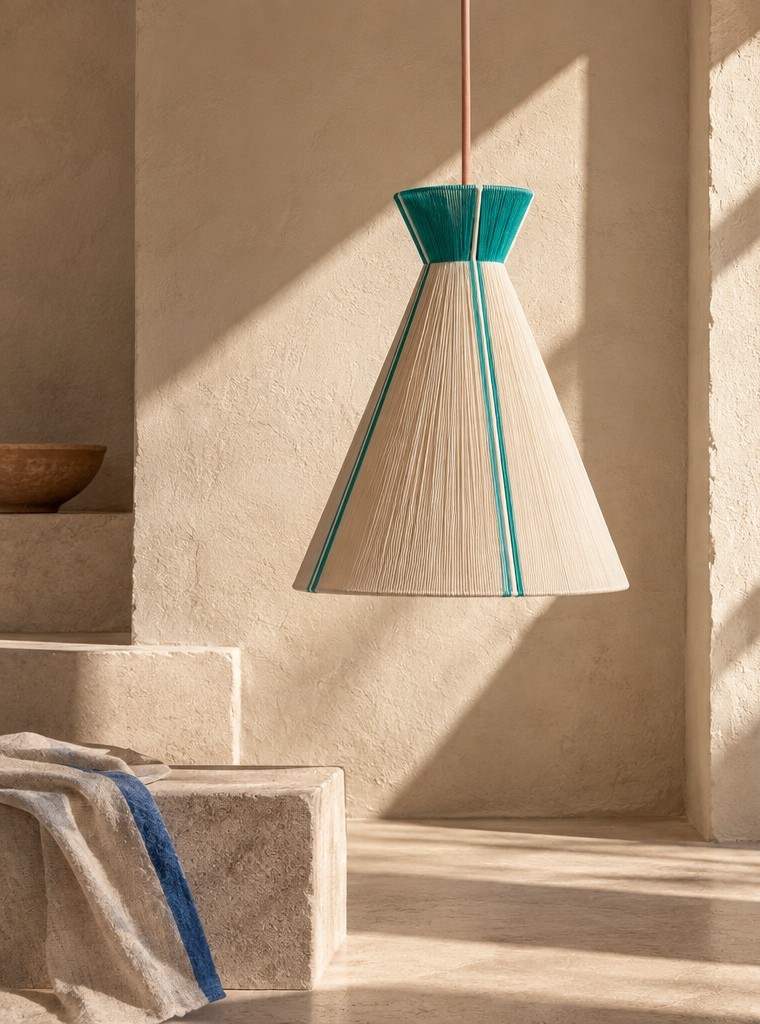MYKONOS pendant lamp in a sunlit plaster interior, showing its sculptural form and woven cotton yar