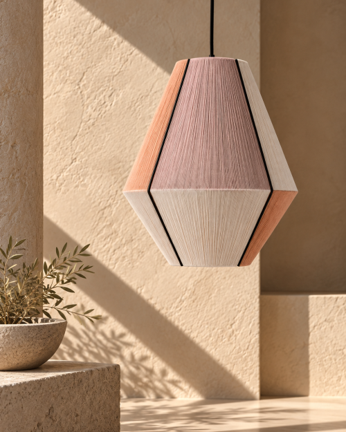 SYMI sculptural pendant lamp by HOMMETRY in soft pink, peach and white woven thread