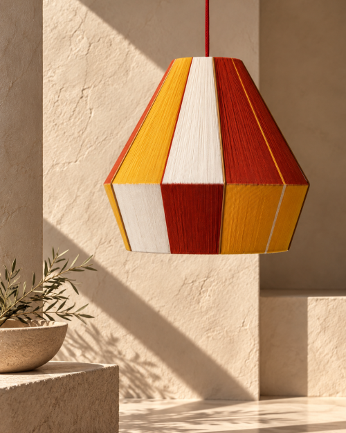 KALYMNOS sculptural pendant lamp by HOMMETRY in warm yellow, terracotta and white tones