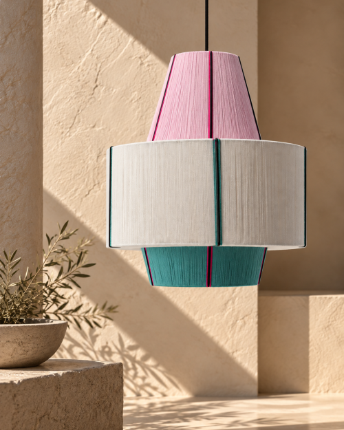 KARPATHOS sculptural pendant lamp by HOMMETRY in pink, white and turquoise woven thread